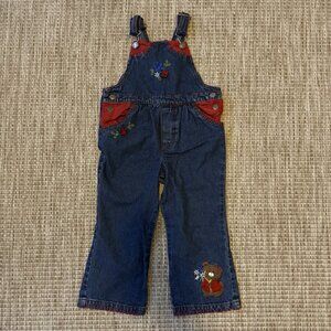 Vintage Y2K 90s Denim Overalls Kids 4T Teddy Bear Flowers Embroidered Jean Bibs